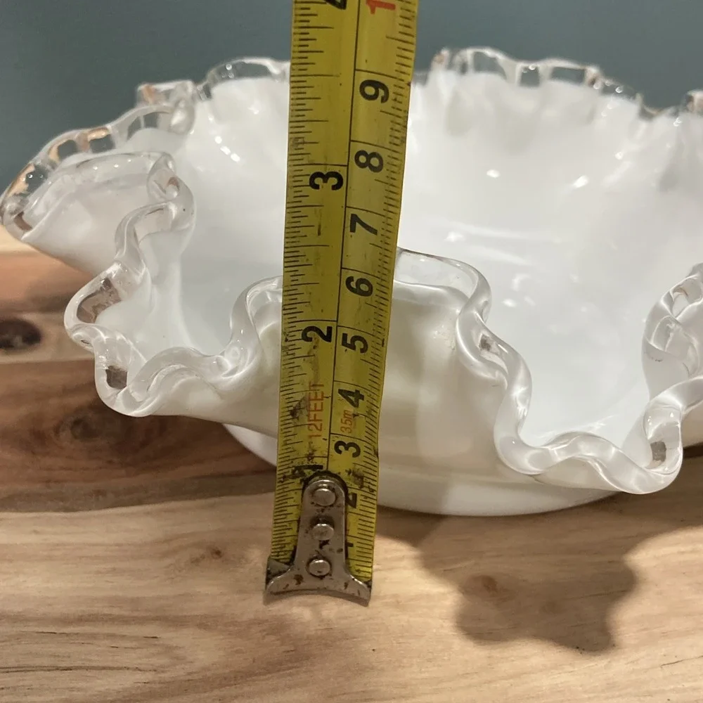 Vintage Fenton Silver Crest White Milk Glass Ruffled Edge Bowl Candy Dish 8